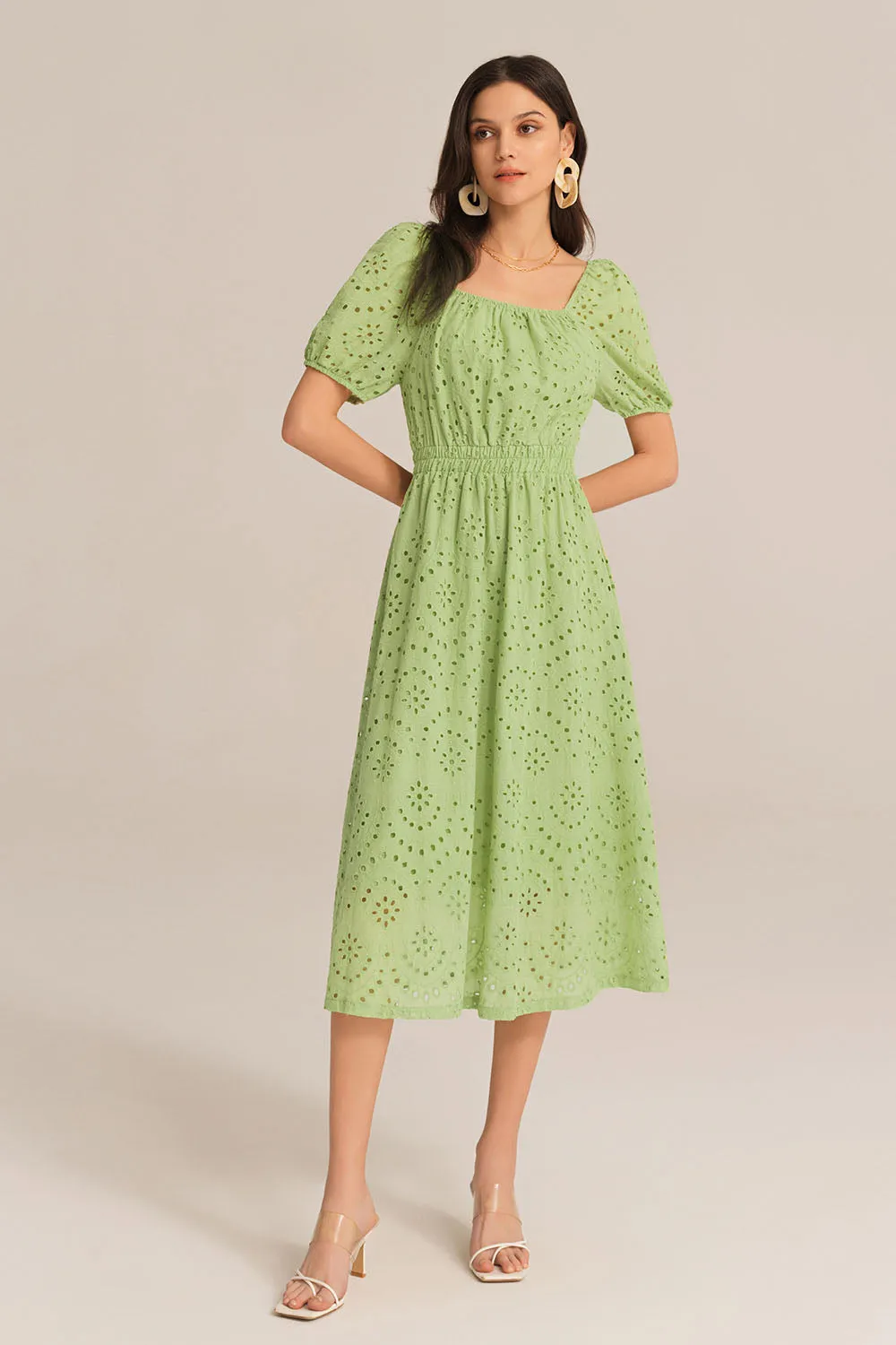 Hollowed-out Cotton Short Sleeve Square Neck Dress - Green sold by Grace Karin