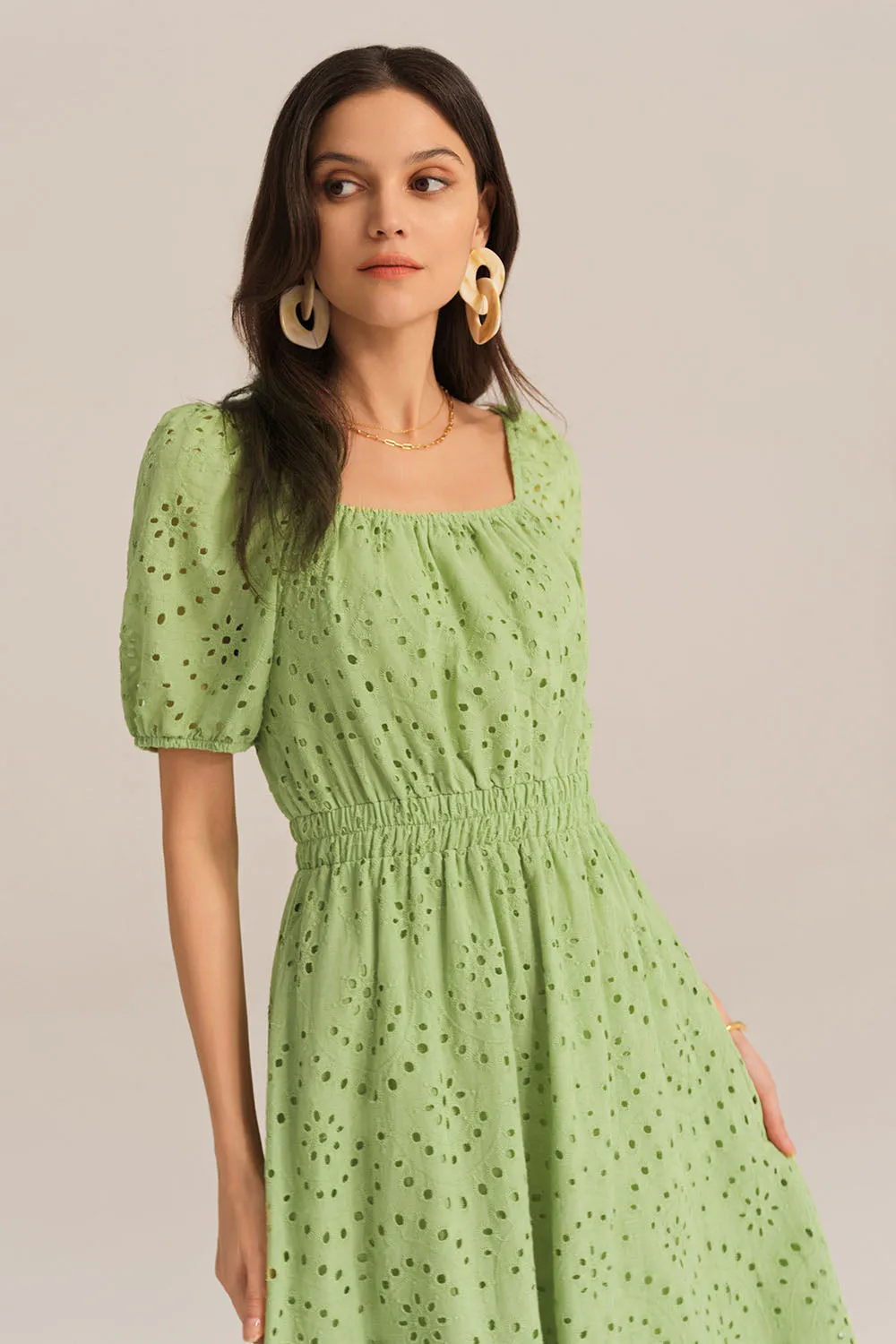 Hollowed-out Cotton Short Sleeve Square Neck Dress - Green sold by Grace Karin product image thumbnail 4