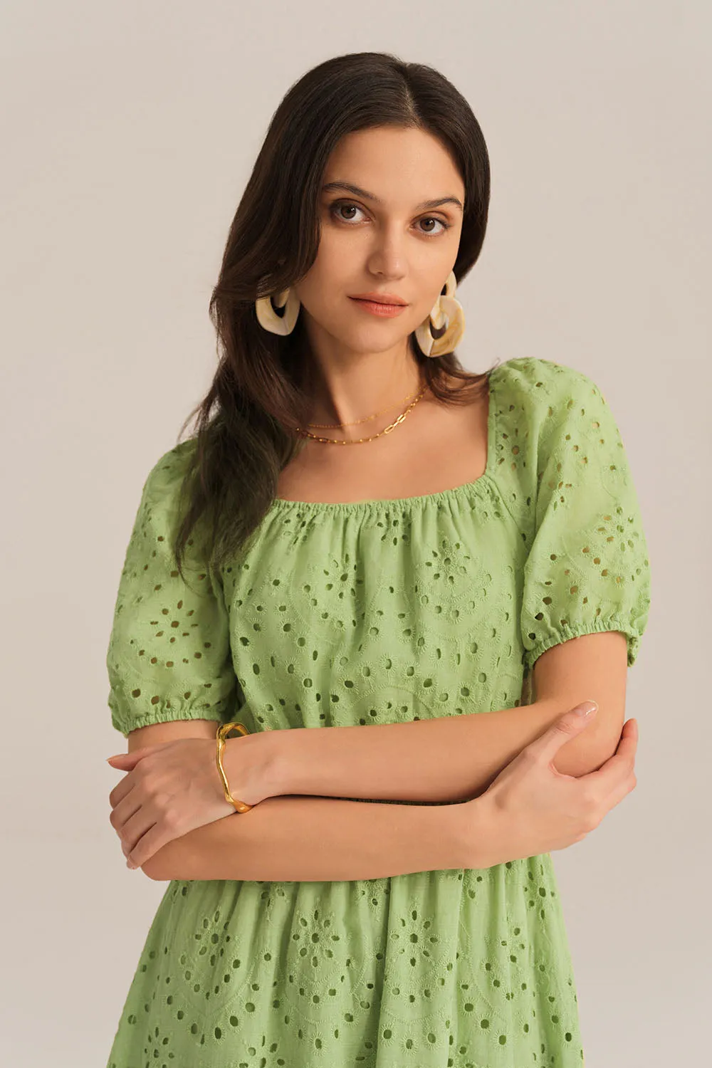 Hollowed-out Cotton Short Sleeve Square Neck Dress - Green sold by Grace Karin product image thumbnail 5