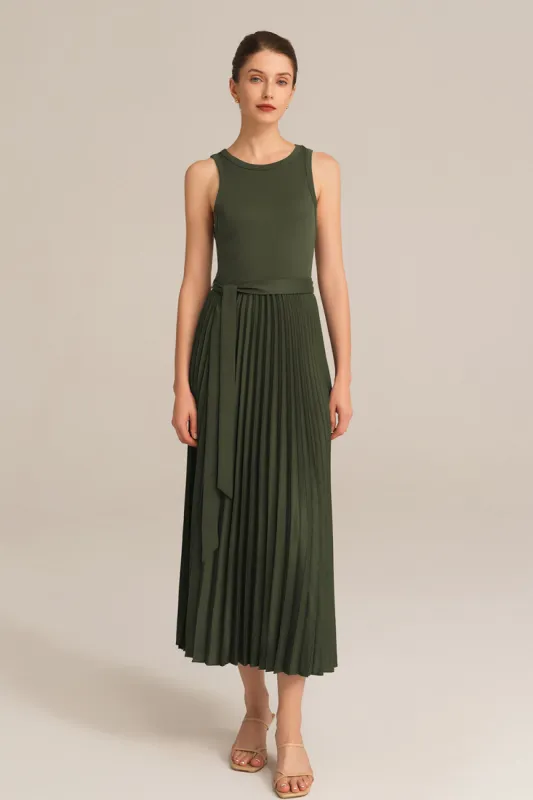 Crew Neck Elastic Waist Pleated Color Block Sleeveless A-Line Dress - Green made by Grace Karin