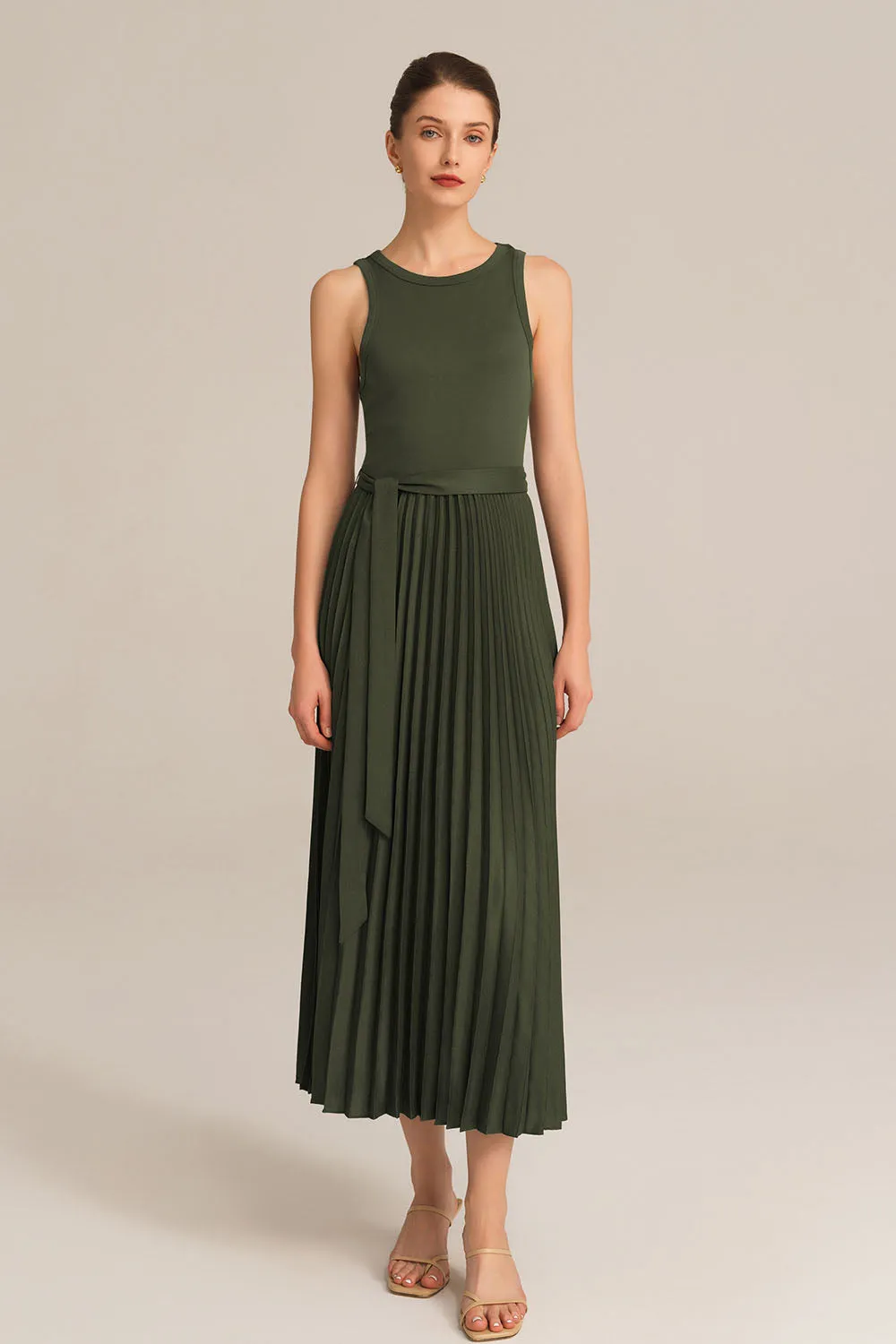 Crew Neck Elastic Waist Pleated Color Block Sleeveless A-Line Dress - Green sold by Grace Karin