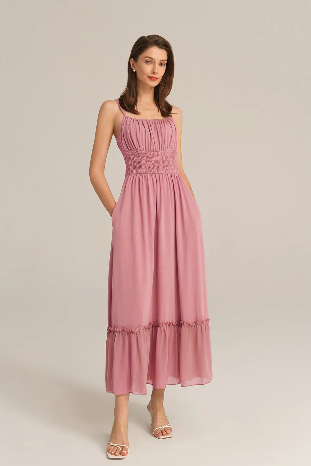 Maxi Cami Ruched Bodice Smocked Waist Dress - Pink sold by Grace Karin product image thumbnail 5
