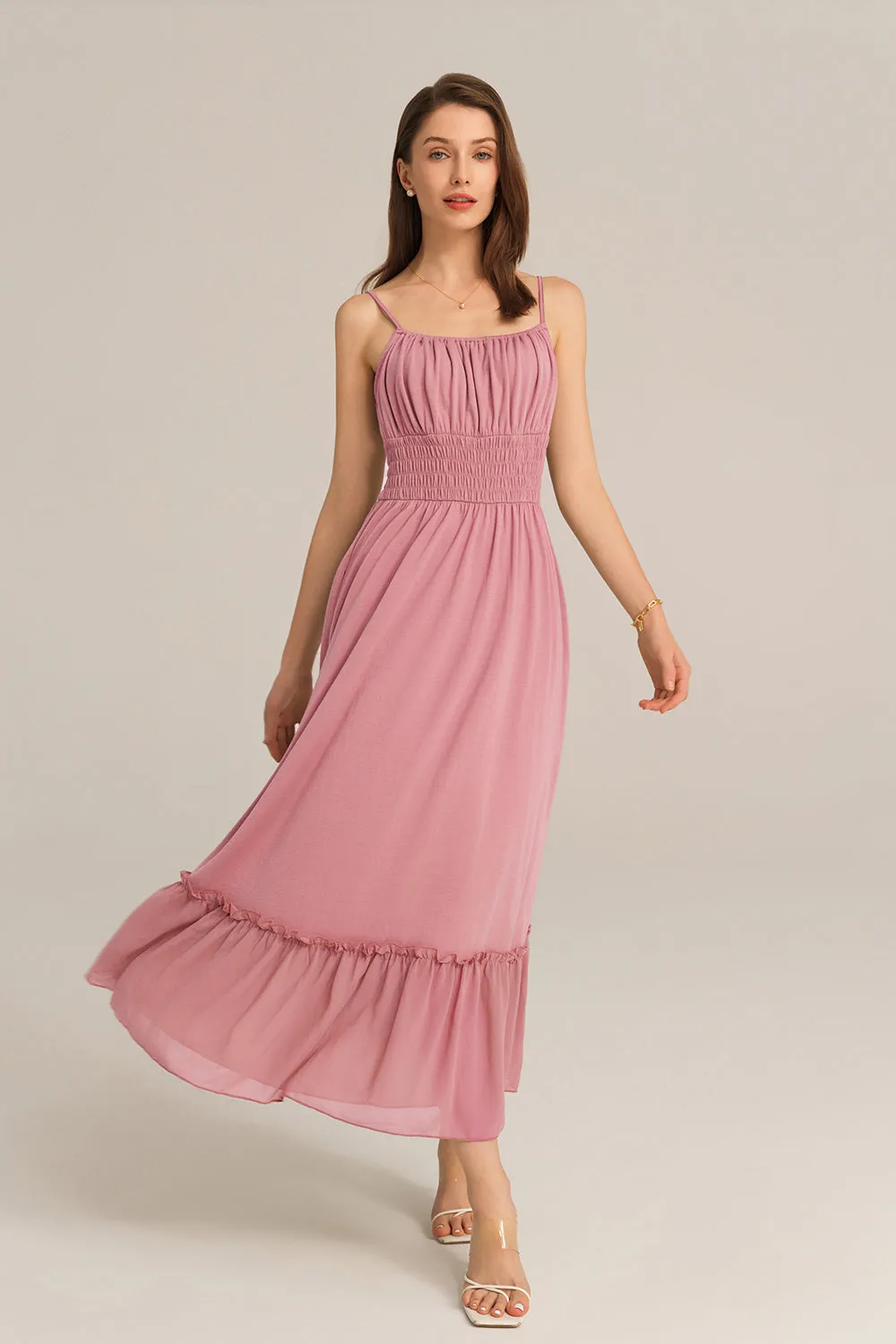 Maxi Cami Ruched Bodice Smocked Waist Dress - Pink sold by Grace Karin
