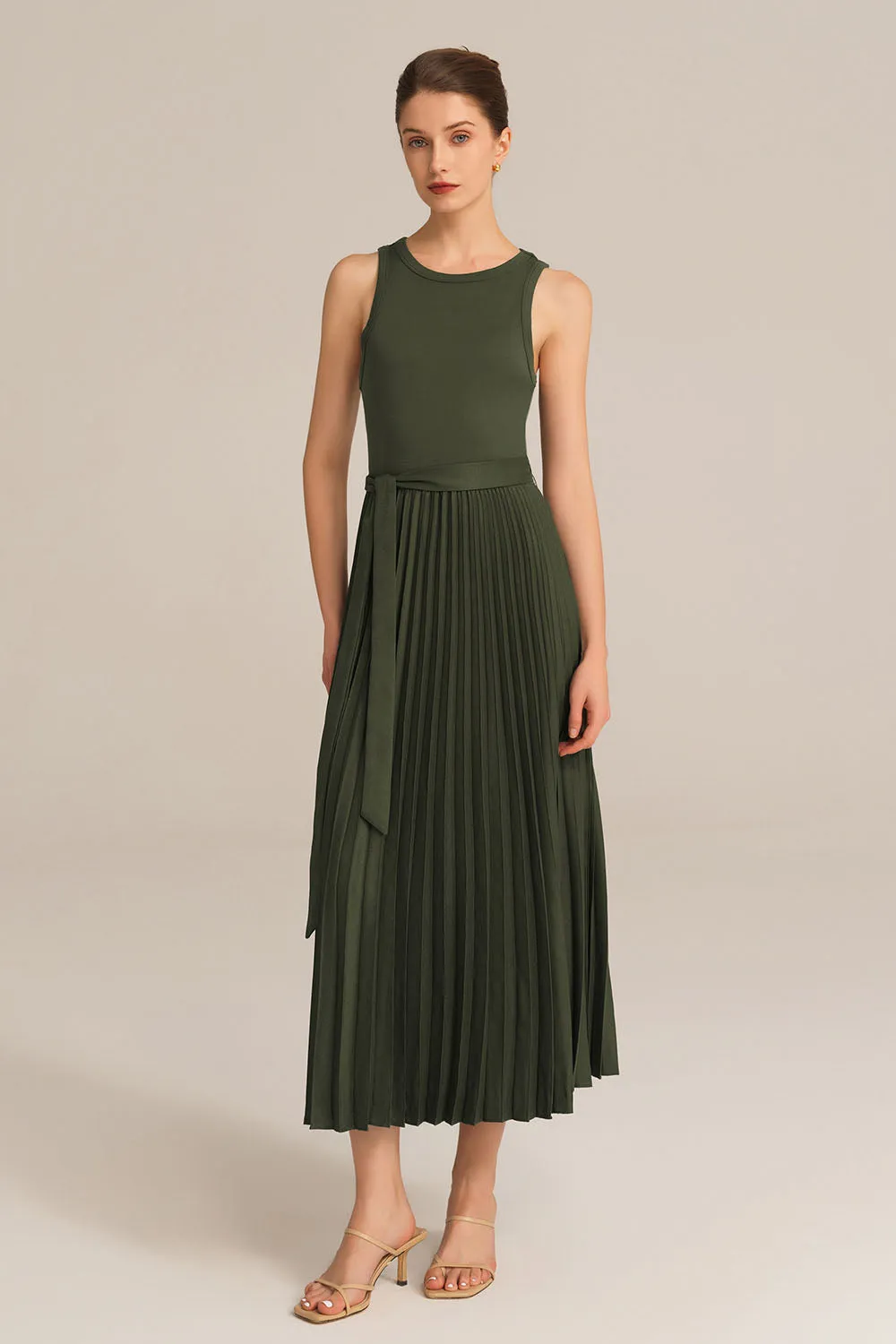 Crew Neck Elastic Waist Pleated Color Block Sleeveless A-Line Dress - Green sold by Grace Karin product image thumbnail 2