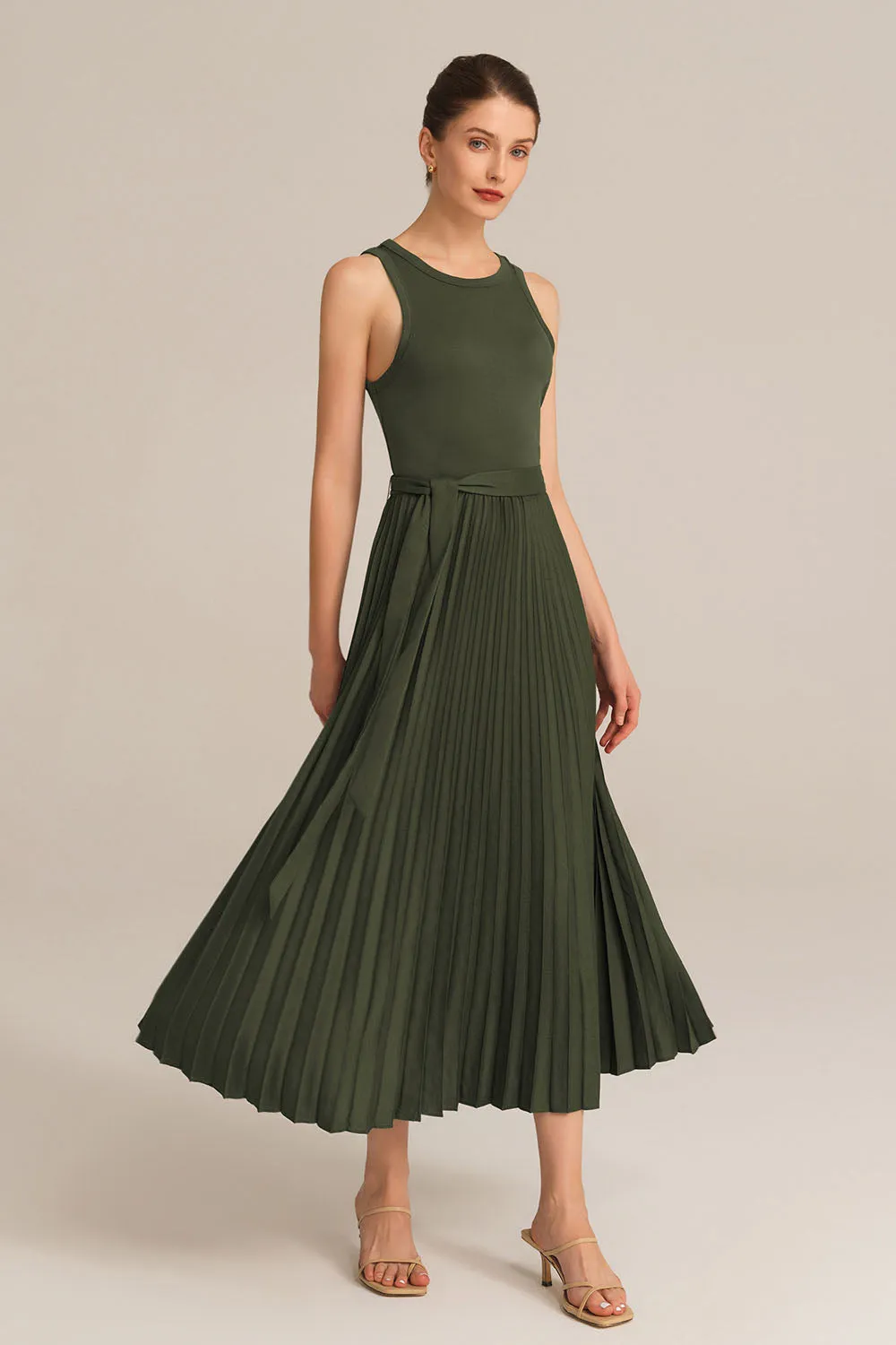Crew Neck Elastic Waist Pleated Color Block Sleeveless A-Line Dress - Green sold by Grace Karin product image thumbnail 3