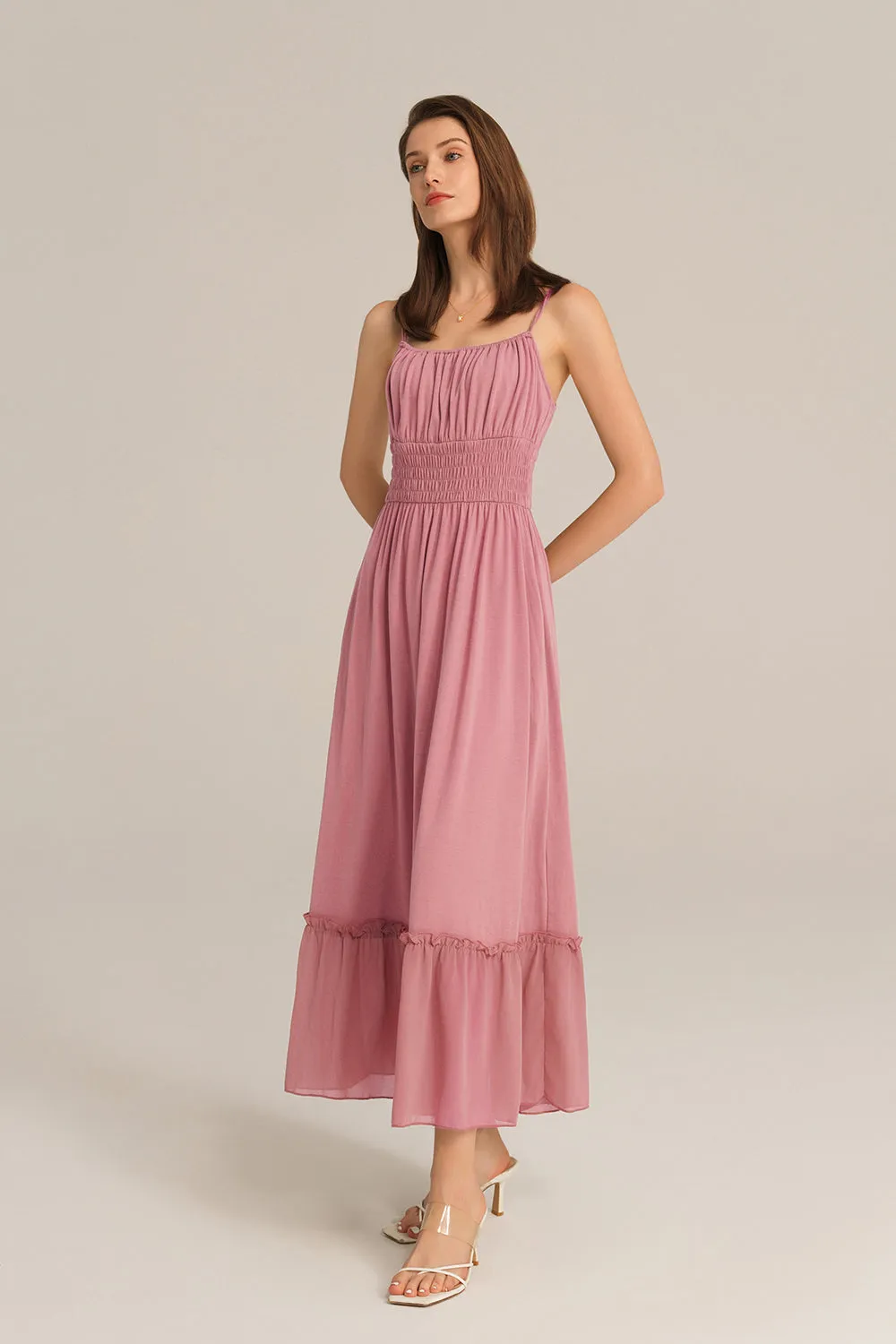 Maxi Cami Ruched Bodice Smocked Waist Dress - Pink sold by Grace Karin product image thumbnail 4