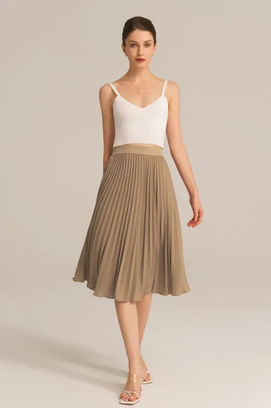 Elastic Waist Solid Color Pleated Skirt - Beige sold by Grace Karin