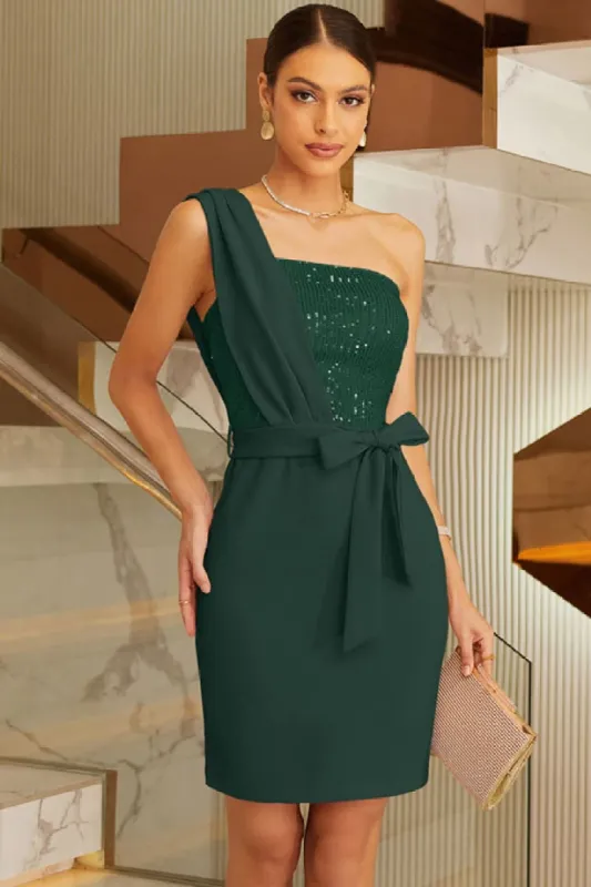Sequin Patchwork Contrast One-Shoulder Party Dress sold by Grace Karin