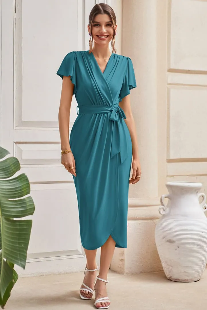 Ruffle Sleeve V Neck Party Midi Dresses sold by Grace Karin