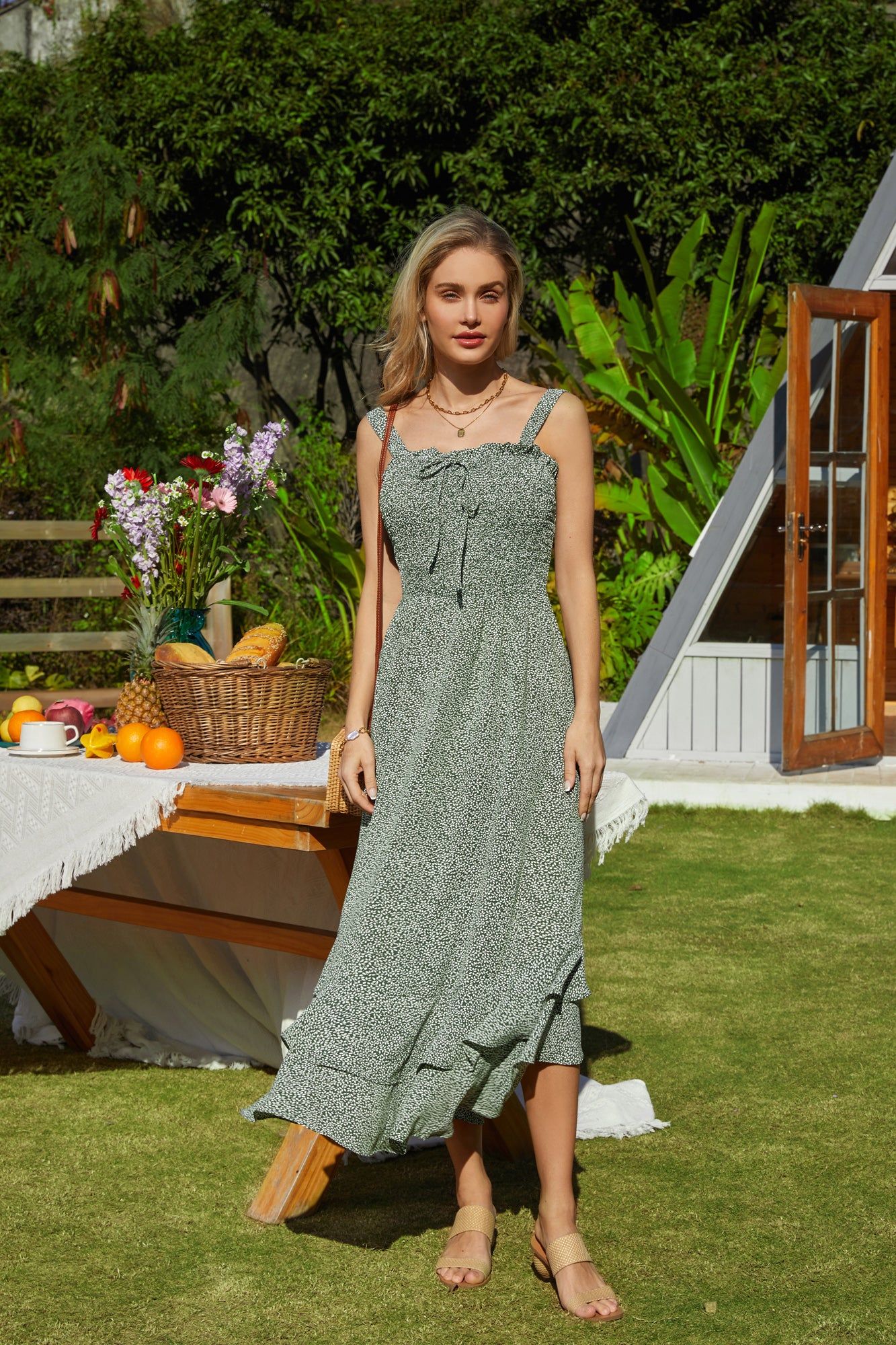 Square Neck Strapped Swing Floral Boho Long Maxi Dress - Green sold by Grace Karin