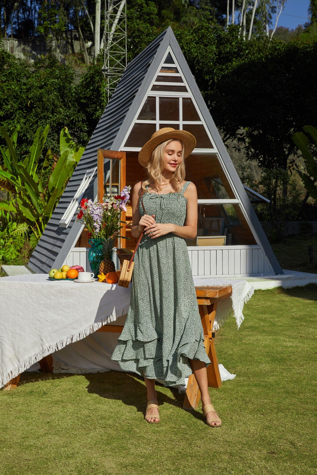 Square Neck Strapped Swing Floral Boho Long Maxi Dress - Green sold by Grace Karin product image thumbnail 3