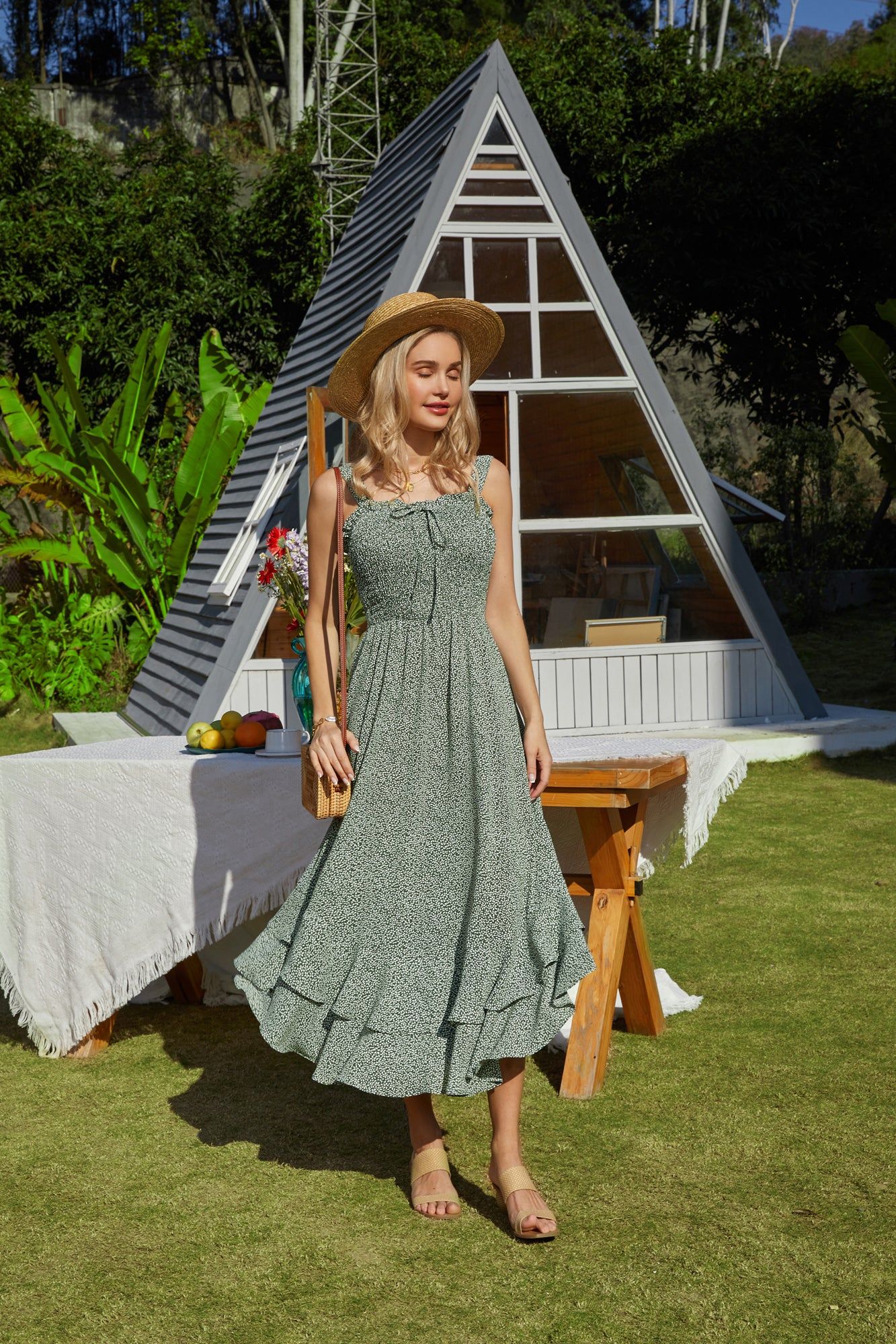 Square Neck Strapped Swing Floral Boho Long Maxi Dress - Green sold by Grace Karin product image thumbnail 2