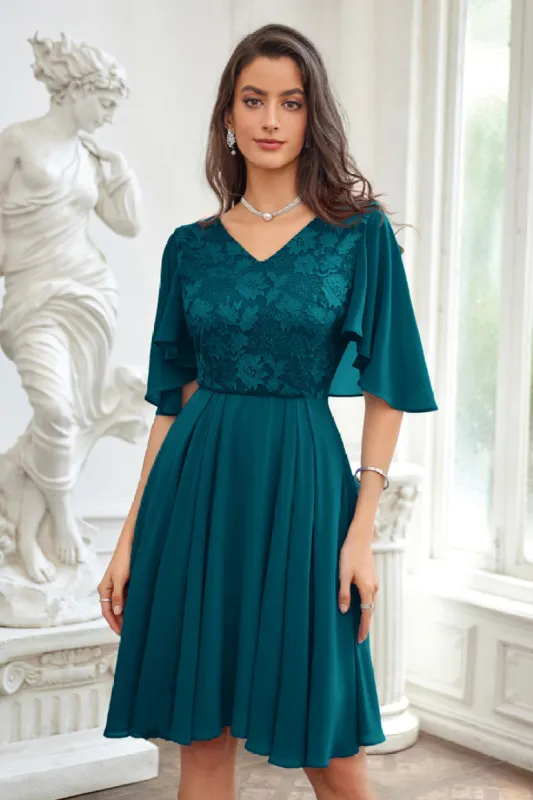 Lace Patchwork V-Neck Cape Sleeve Flared A-Line Dress - Cerulean sold by Grace Karin