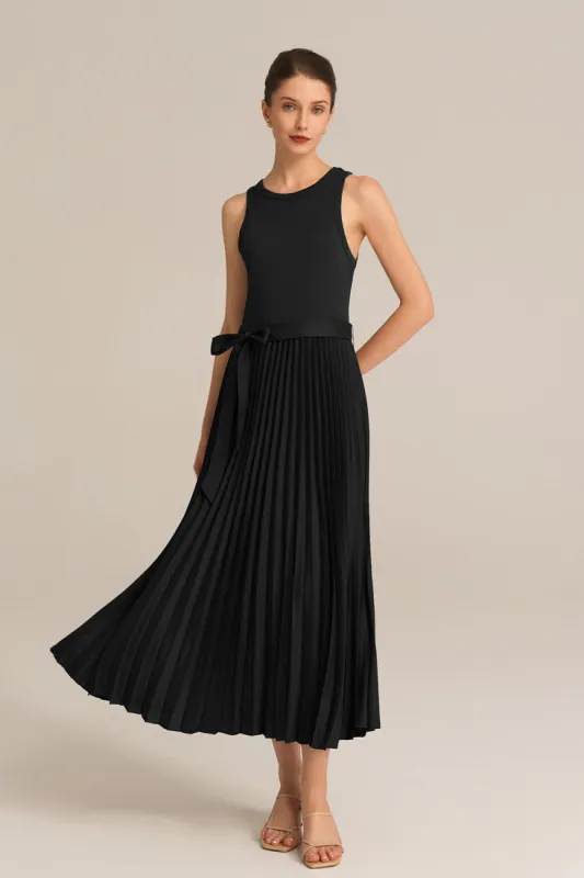 Crew Neck Elastic Waist Pleated Color Block Sleeveless A-Line Dress - Black sold by Grace Karin