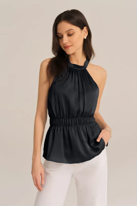 Cut-out Shoulder Keyhole Back Elastic Waist Halterneck Tops - Black sold by Grace Karin