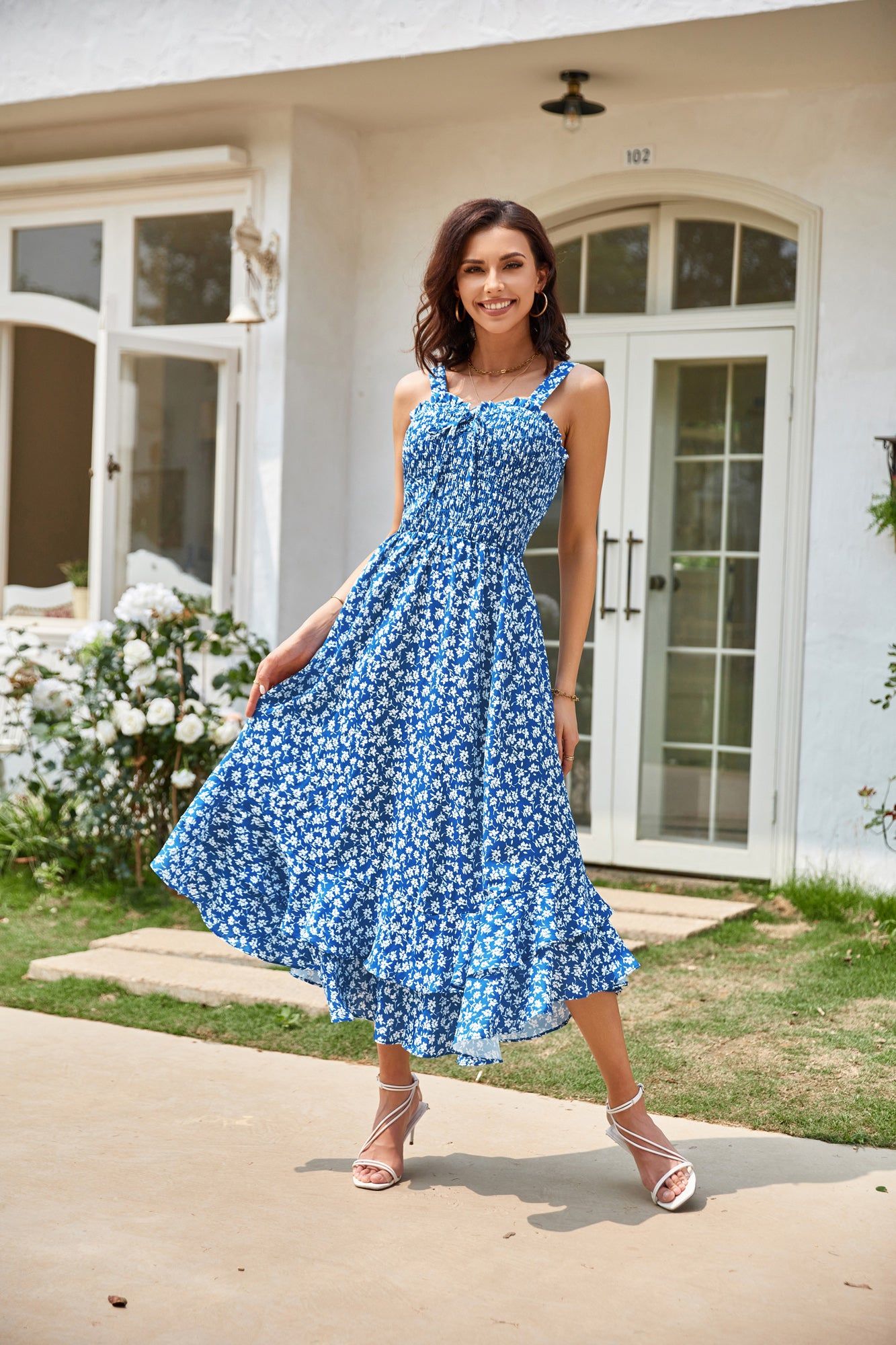 Square Neck Strapped Swing Floral Boho Long Maxi Dress - Blue sold by Grace Karin