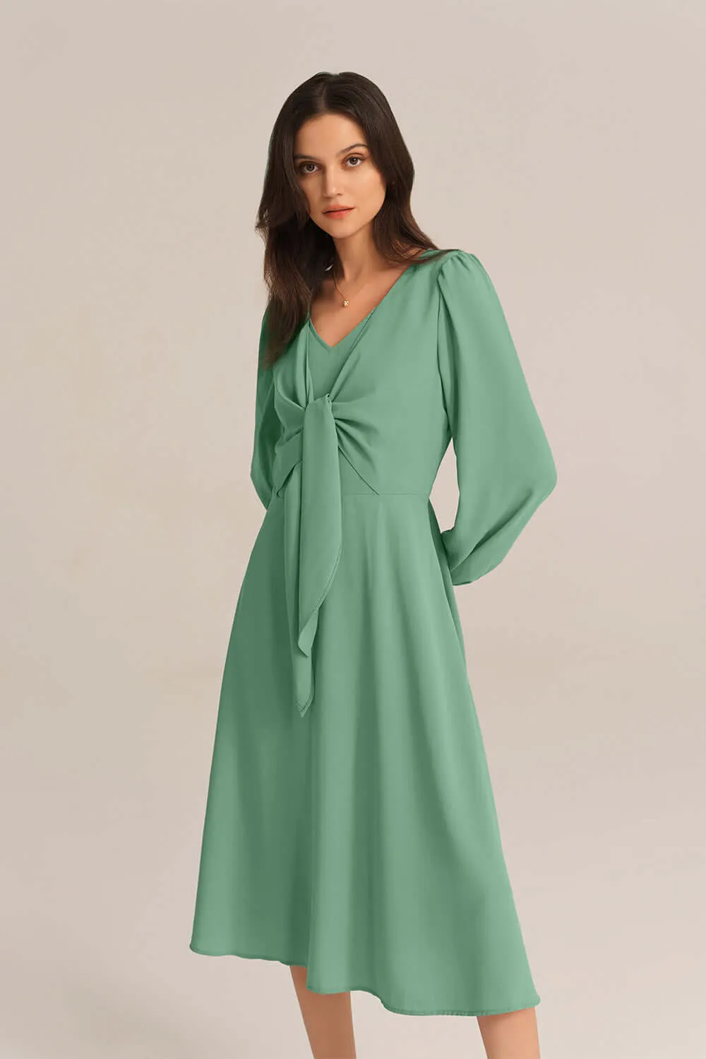 Bow-Knot Long Sleeve Elastic Waist Midi Dress - Green sold by Grace Karin product image thumbnail 3