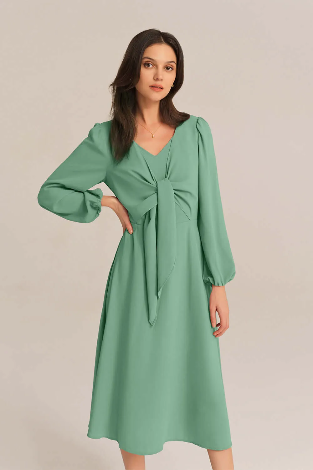 Bow-Knot Long Sleeve Elastic Waist Midi Dress - Green sold by Grace Karin product image thumbnail 2