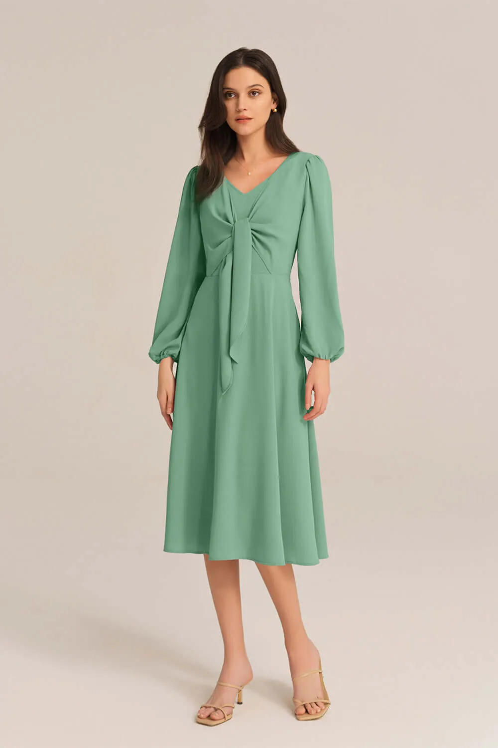 Bow-Knot Long Sleeve Elastic Waist Midi Dress - Green sold by Grace Karin product image thumbnail 4