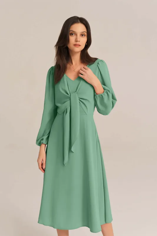 Bow-Knot Long Sleeve Elastic Waist Midi Dress - Green sold by Grace Karin
