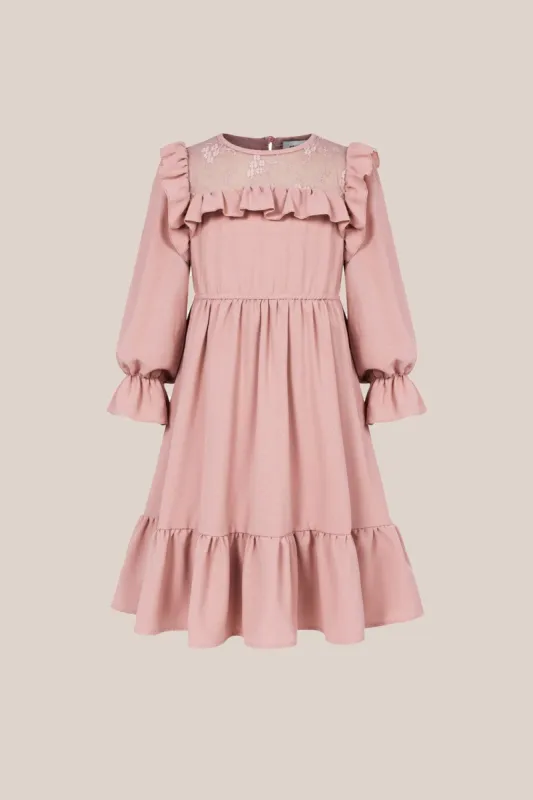GK Kids Elastic Waist Dress Long Sleeve Crew Neck Ruffle Decorated A-Line Dress made by Grace Karin