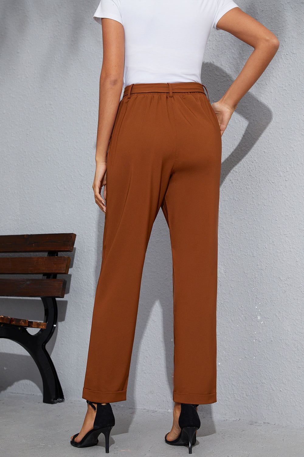 Grace Karin Women High Waist Pants with Belt Elastic Waist Fold-up Leg Opening Trousers sold by Grace Karin product image thumbnail 6