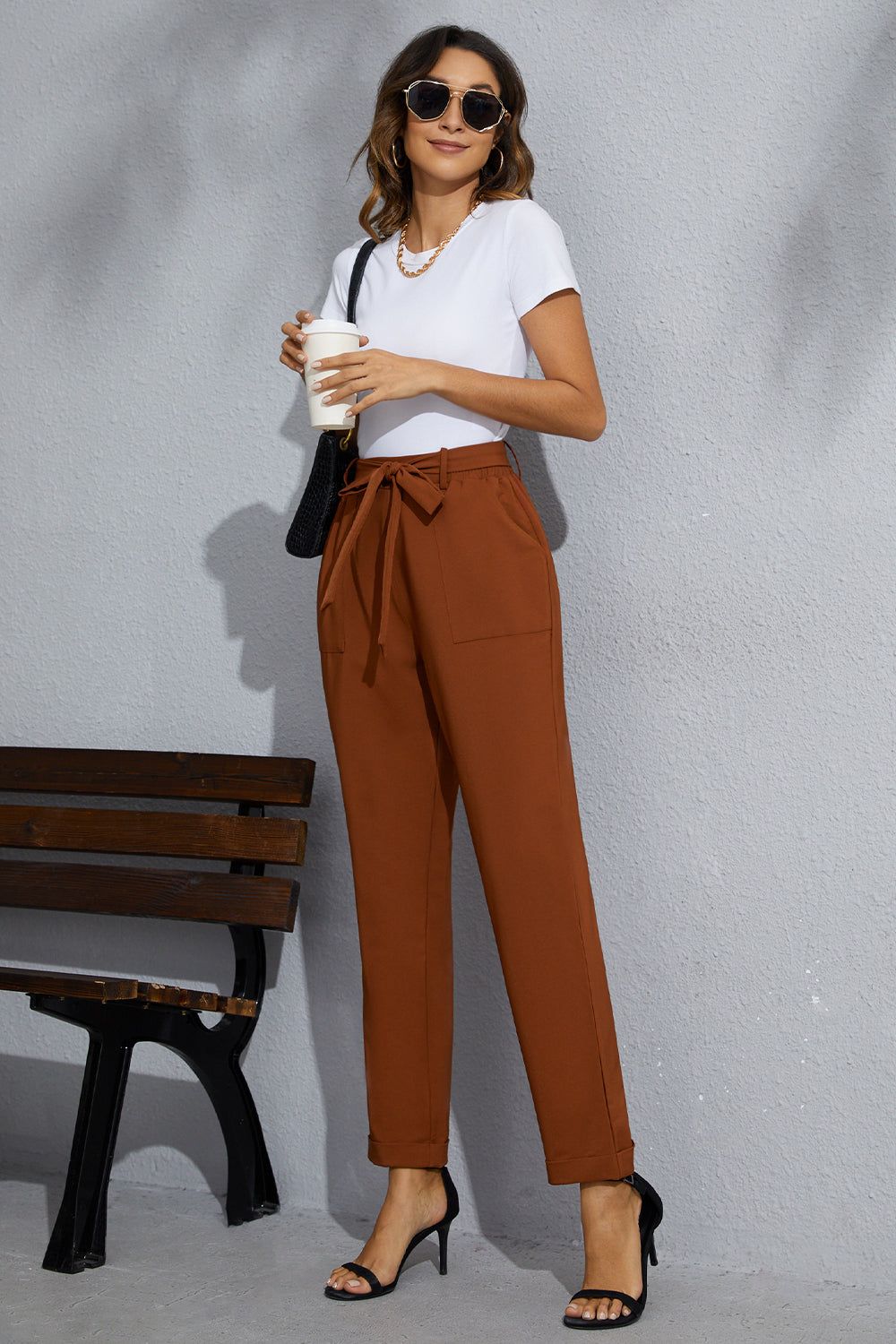 Grace Karin Women High Waist Pants with Belt Elastic Waist Fold-up Leg Opening Trousers sold by Grace Karin product image thumbnail 5