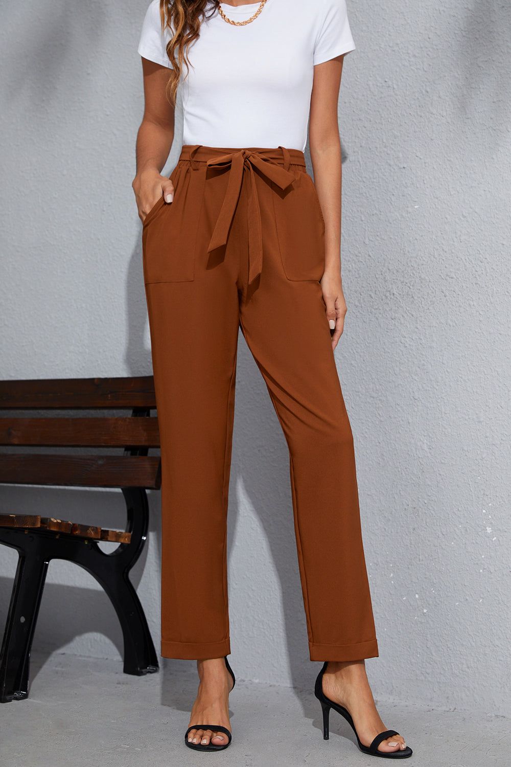 Grace Karin Women High Waist Pants with Belt Elastic Waist Fold-up Leg Opening Trousers sold by Grace Karin