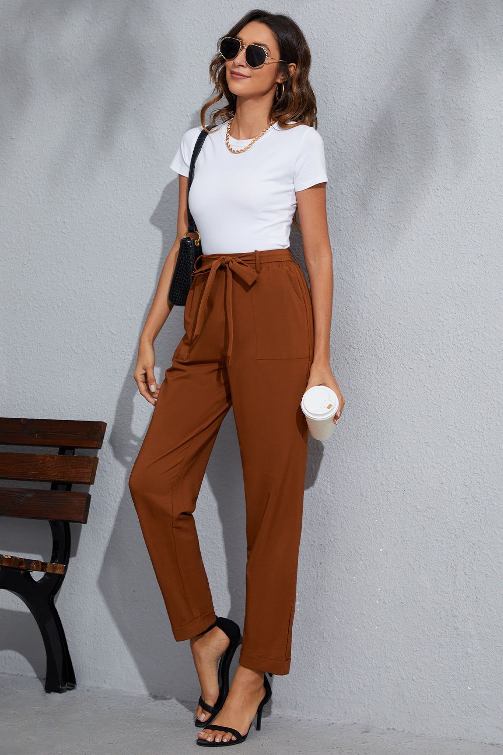 Grace Karin Women High Waist Pants with Belt Elastic Waist Fold-up Leg Opening Trousers sold by Grace Karin product image thumbnail 3
