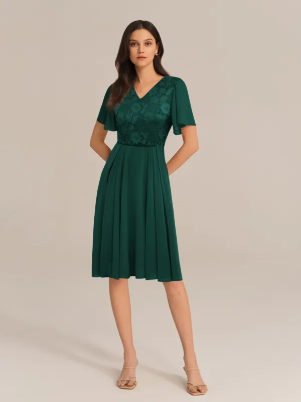 Lace Patchwork V-Neck Cape Sleeve Flared A-Line Dress - Green sold by Grace Karin