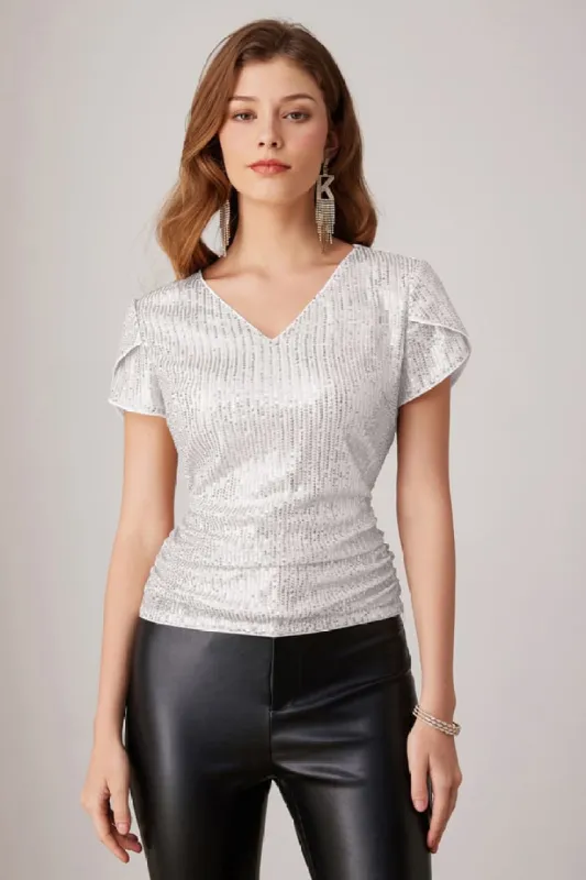 Sequin Glitter V Neck Short Tulip Sleeve Party Tops sold by Grace Karin