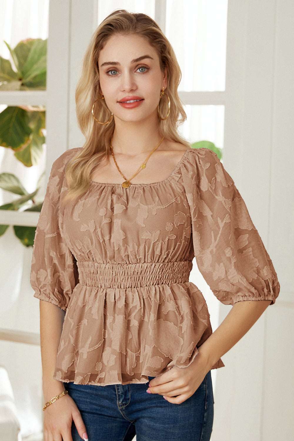 GRACE KARIN Smocked Waist Short Sleeve Square Neck Tops sold by Grace Karin product image thumbnail 4