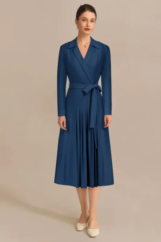 Lapel Collar Pleated Long Sleeve V-Neck Flared A-Line Dress - Blue sold by Grace Karin
