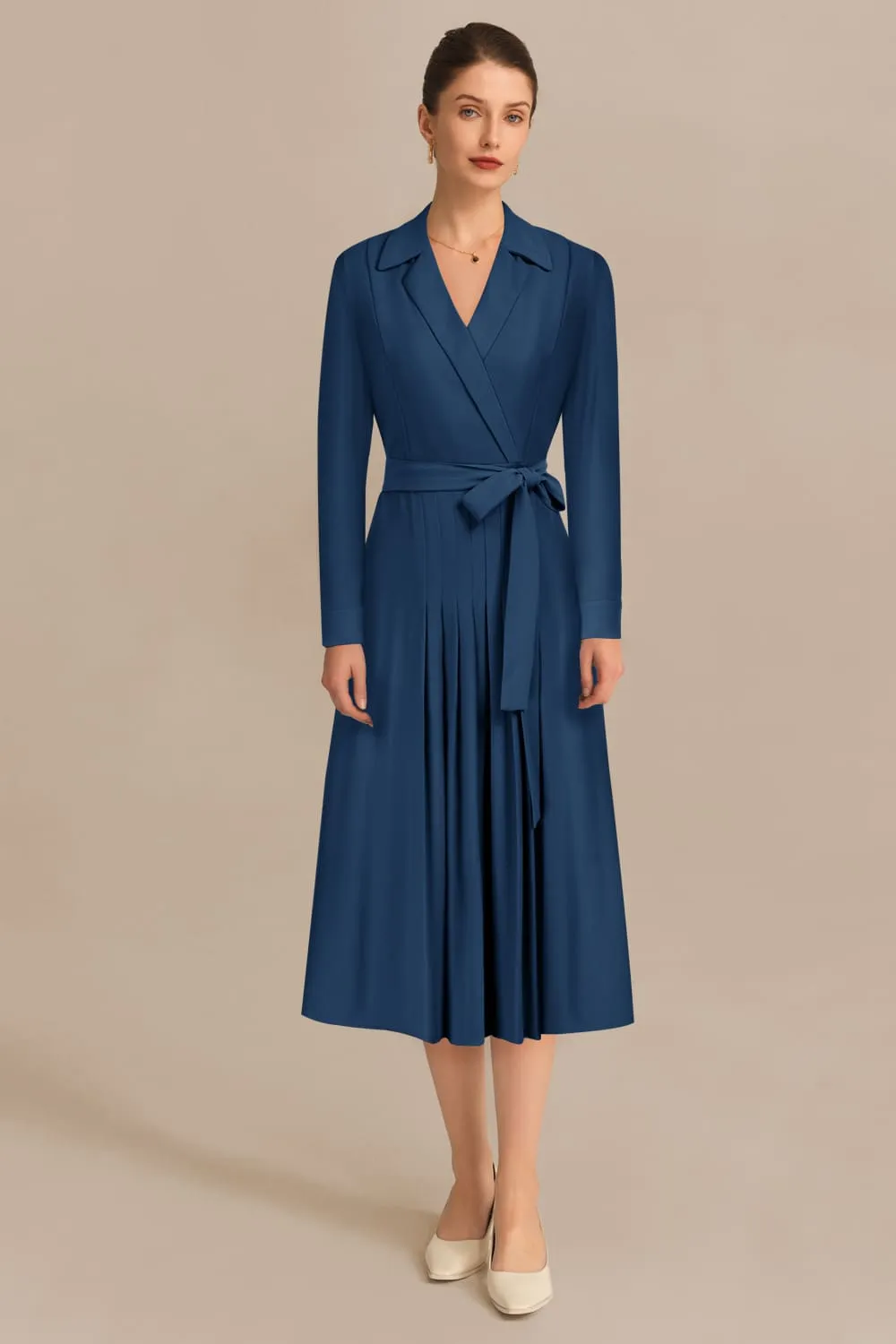 Lapel Collar Pleated Long Sleeve V-Neck Flared A-Line Dress - Blue sold by Grace Karin
