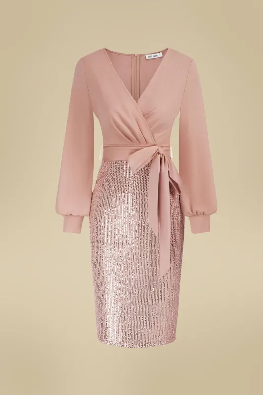 GK Women Sequin Patchwork Dress Long Sleeve V-Neck Defined Waist Bodycon Dress sold by Grace Karin