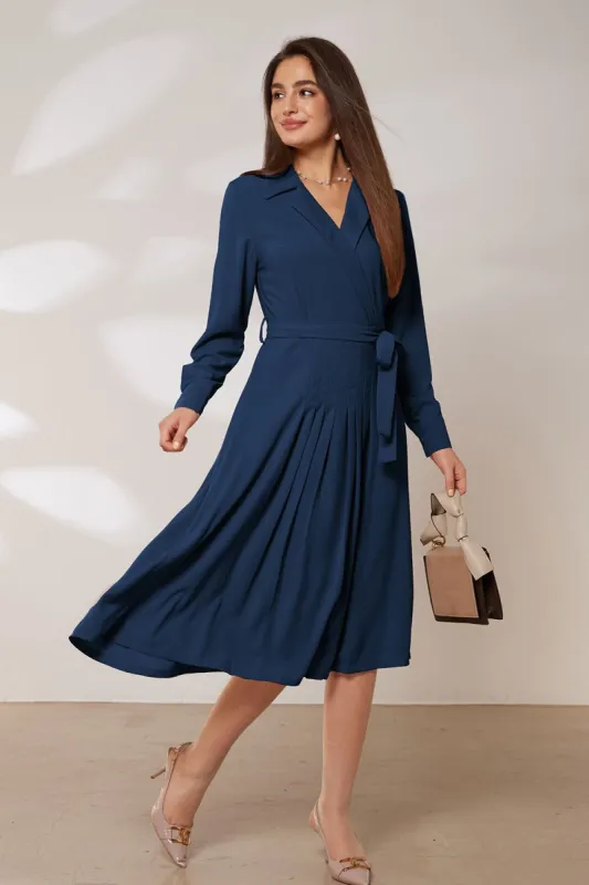 GRACE KARIN Lapel Collar Pleated Long Sleeve V-Neck Flared A-Line Dress sold by Grace Karin