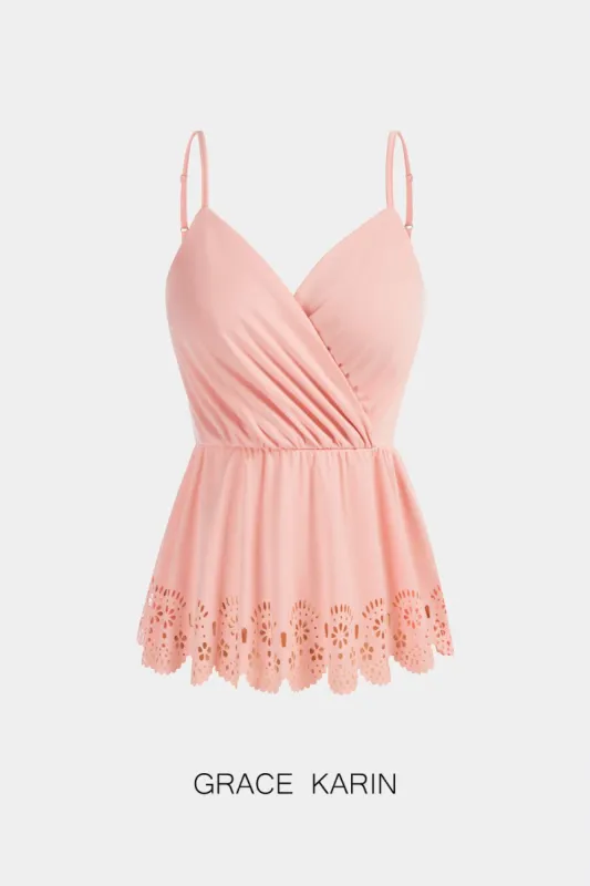 Grace Karin Women Burt-out Hem Cami Tops Spaghetti Straps V-Neck Laser-Cut Camisole sold by Grace Karin