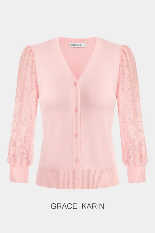 GRACE KARIN Lace Patchwork Cardigan Sweater 3/4 Sleeve V-Neck Button-up Knitwear sold by Grace Karin