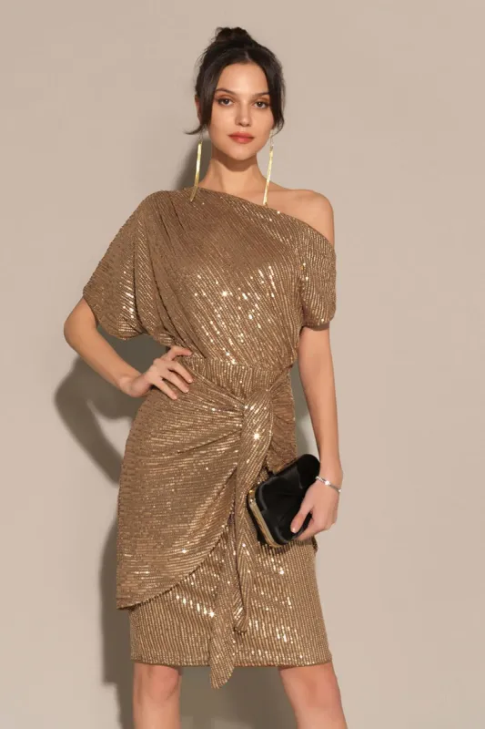 Sequined Asymmetric Off Shoulder Bodycon Party Midi Dress - Brown sold by Grace Karin