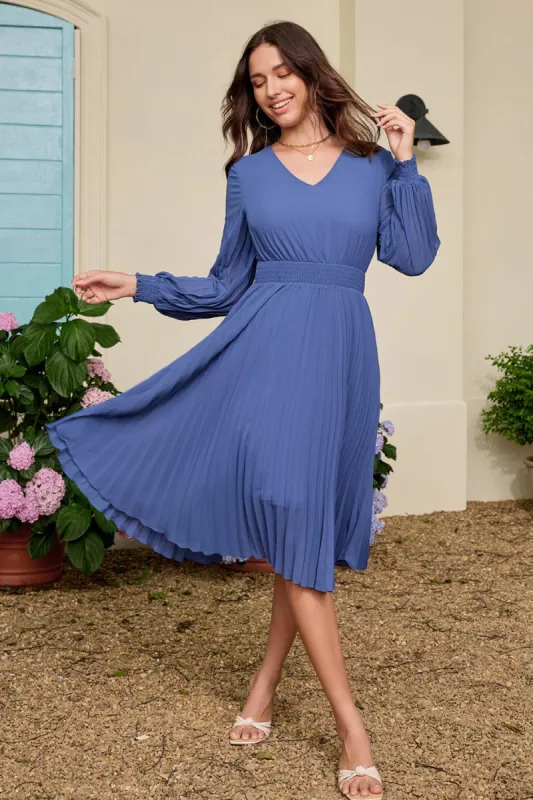 GK Women Pleated Chiffon Dress Long Sleeve V-Neck Elastic Waist A-Line Dress sold by Grace Karin