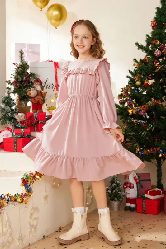 GK Kids Elastic Waist Dress Long Sleeve Crew Neck Ruffle Decorated A-Line Dress made by Grace Karin