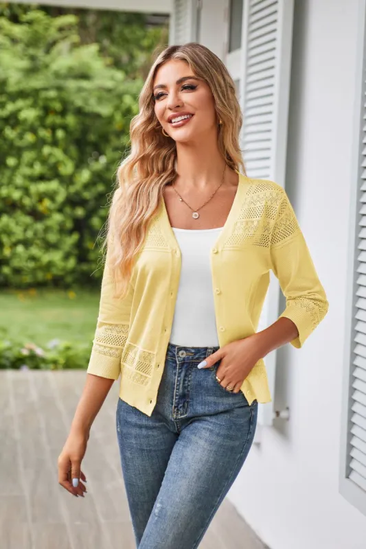 GK Women Hollowed-out Cardigan 3/4 Sleeve V-Neck Button-up Sweater Knitwear sold by Grace Karin