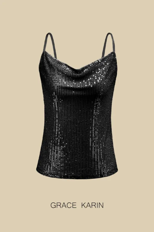 GK Women Sequined Cami Tops Spaghetti Straps Cowl Neck Camisole Party Tops sold by Grace Karin