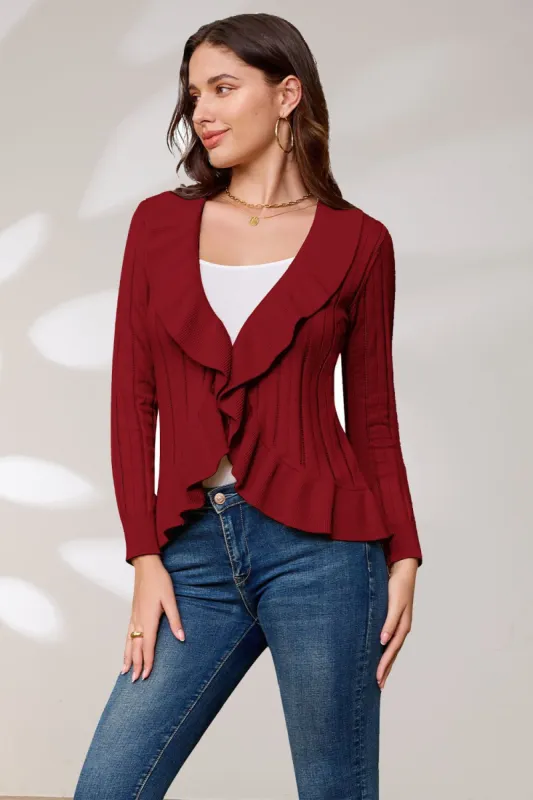 GK Women Ruffle Decorated Cardigan Hollowed-out Long Sleeve Sweater Knitwear sold by Grace Karin