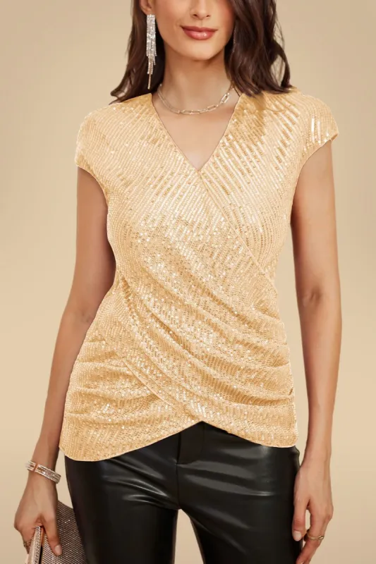 GK Women Sequined Party Tops Cap Sleeve Surplice V-Neck Wrap Hem Ruched Tops sold by Grace Karin