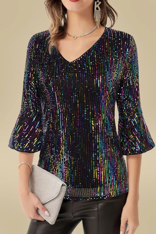 GRACE KARIN Women Sequined Cut-out Tops 3/4 Bell Sleeve V-Neck Hip Length Party Tops sold by Grace Karin