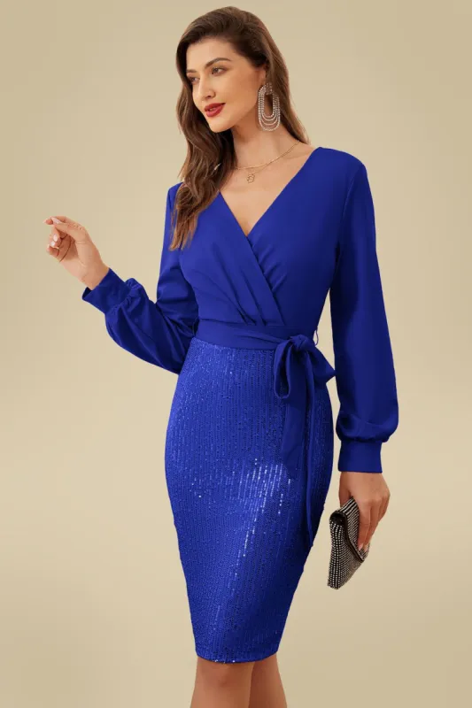 GK Women Sequin Patchwork Dress Long Sleeve V-Neck Defined Waist Bodycon Dress sold by Grace Karin