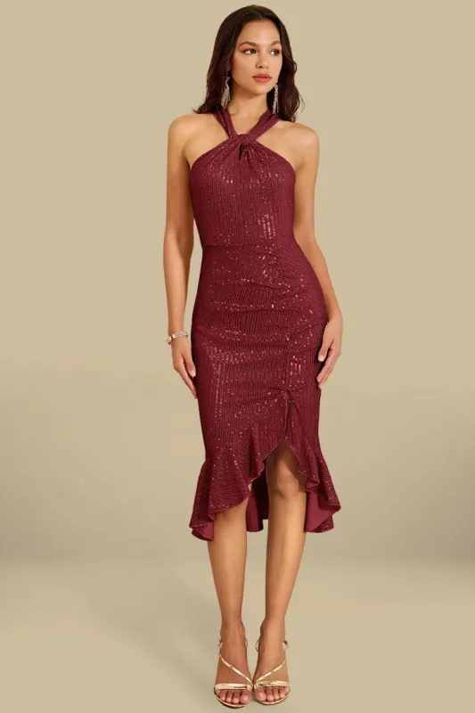 GK Women Sequined Party Dress Halterneck Ruched Front Slit Bodycon Dress sold by Grace Karin