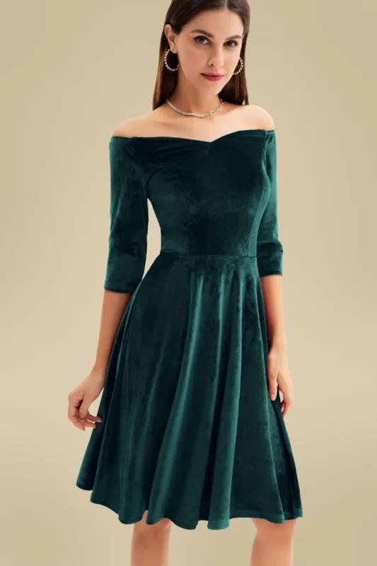 Grace Karin Women Off Shoulder Velvet Dress 3/4 Sleeve Defined Waist Flared A-Line Dress sold by Grace Karin