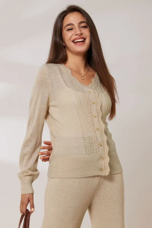 GRACE KARIN Hollowed-out Cardigan Long Sleeve V-Neck Wide Ribbed Hem Sweater sold by Grace Karin